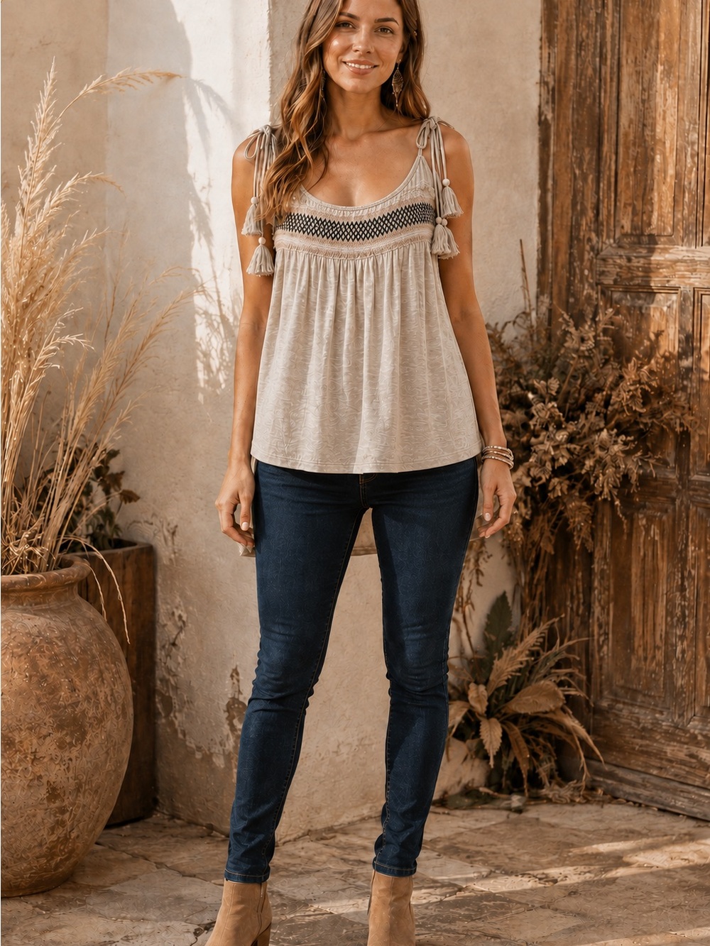 Maurices Beige Tie-Shoulder Camisole with Crochet Yoke